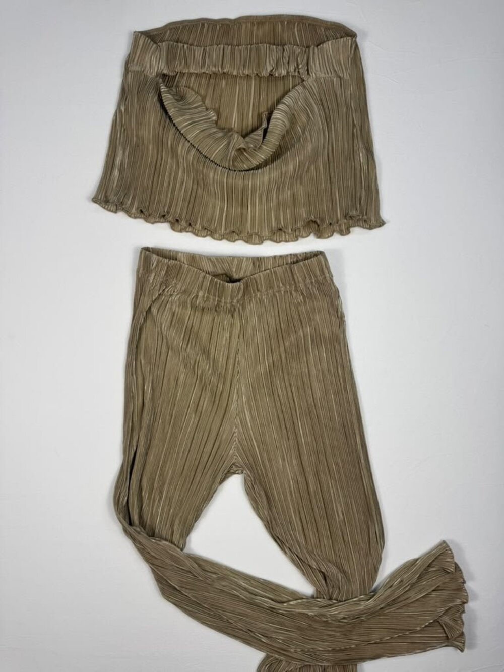 SHEIN Champagne Pleated Two Piece Set Tube Top & Flare Pants S
